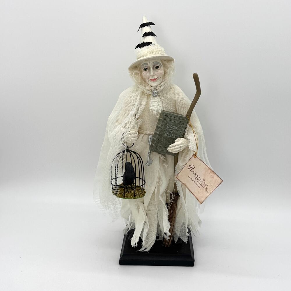 Bethany Lowe Ghostly Witch Halloween Figure with Crow Broom Stick & Spell Book